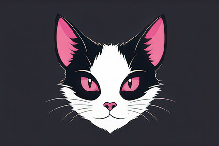 Vector illustration of a cat with pink eyes on the black background.の写真素材