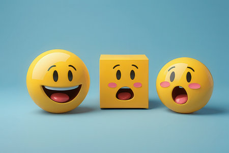 3d rendering of yellow emoticons with different emotions on blue background