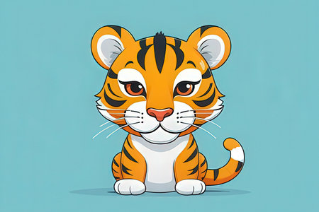 Cute cartoon tiger on blue background. Vector illustration for your designの写真素材