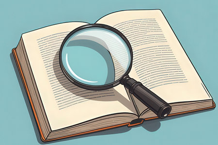 Illustration of a magnifying glass on an open book over blue backgroundの写真素材