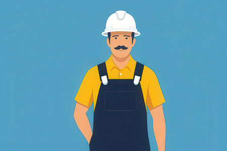 Construction worker in helmet and overalls. Vector illustration in flat style