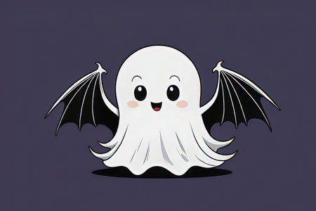 Illustration of a cute ghost with wings on a dark background.の写真素材