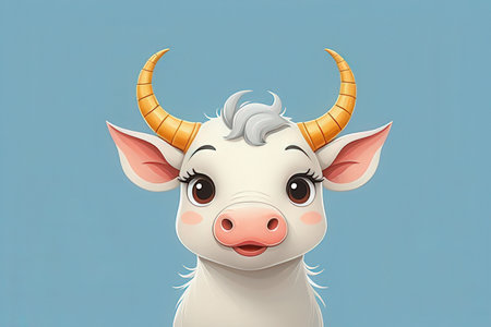 Funny white cow with horns on a blue background. 3d renderingの写真素材