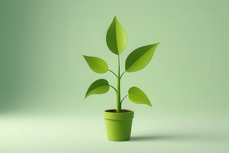 Green plant in pot on green background. Minimal concept. 3D renderingの写真素材