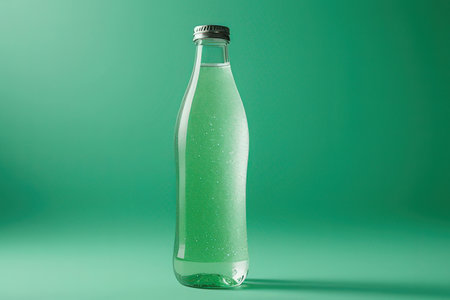 Bottle of water on a green background with shadow and copy spaceの写真素材
