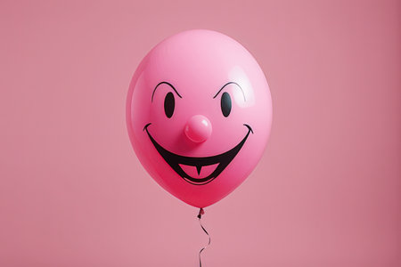 Funny pink balloon with smiley face on pink background. Minimal conceptの写真素材