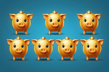 Set of golden piggy bank on blue background. Vector illustration.の写真素材