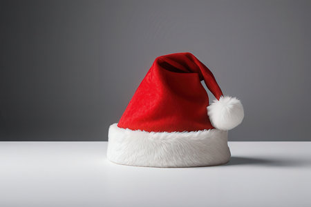 Santa Claus hat on white table with gray background. 3d renderの写真素材