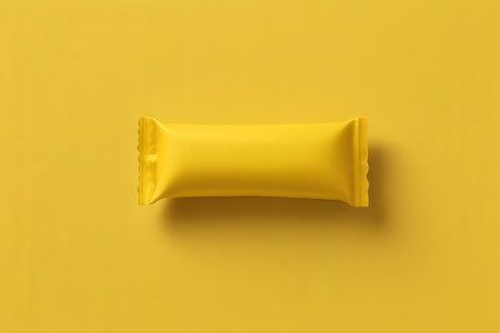 Blank yellow plastic snack bag isolated on yellow background. Top view.の写真素材