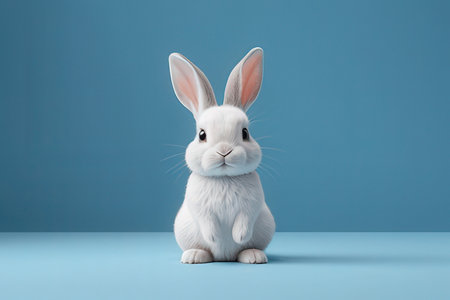 Cute white rabbit on blue background. Easter concept. Copy space.の写真素材