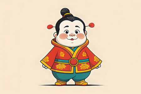 Chinese New Year greeting card with cute cartoon chinese man in traditional costumeの写真素材