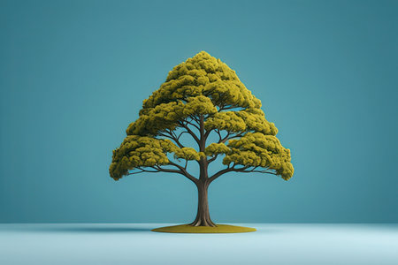 3d rendering of a green tree isolated on a blue background.の写真素材