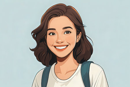 Portrait of a beautiful young woman with a backpack. Vector illustration.の写真素材