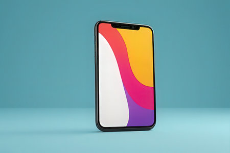 Smartphone with colorful screen on blue background. 3D rendering.