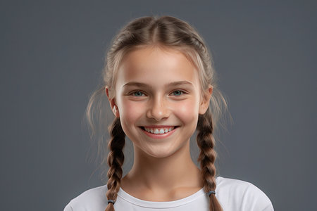 Portrait of a smiling little girl with braids on gray backgroundのeditorial素材