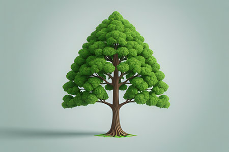Green tree on gray background. 3d rendering. Computer digital drawing.