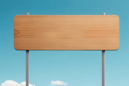 Blank wooden signboard on blue sky background. 3d illustrationの写真素材