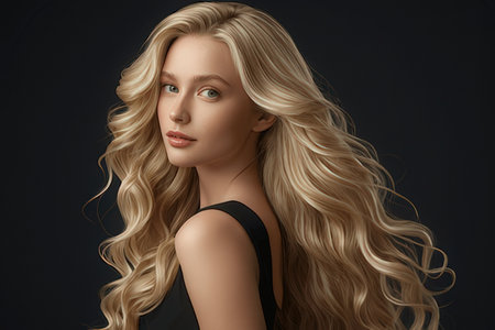Portrait of beautiful blonde woman with long curly hair on dark backgroundのeditorial素材