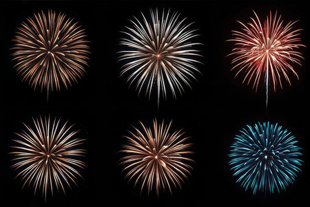 Colorful fireworks isolated on black background, celebration and anniversary concept.