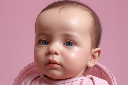 Portrait of a baby doll with blue eyes on a pink background