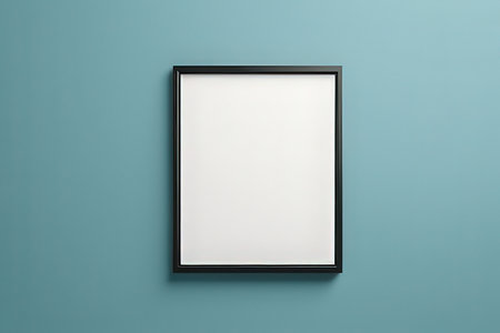 Blank picture frame mockup on blue wall. 3d render