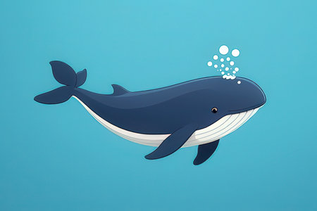 Cute cartoon whale on blue background with bubbles. Vector illustration.の写真素材