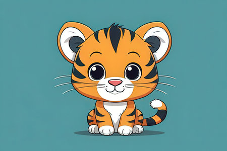Cute tiger cartoon character on blue background, vector illustration, eps10の写真素材