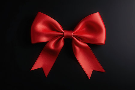 Red ribbon bow on black background. Top view. Flat lay.