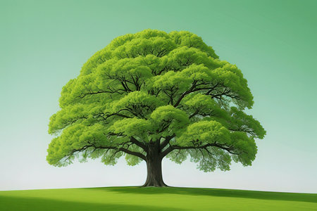 Big green tree on green meadow. Nature background. 3D renderingの写真素材