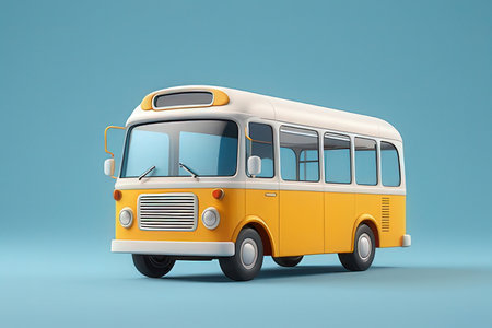 Yellow bus on blue background with shadow 3D rendering no shadowの写真素材