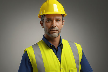 Portrait of mature man in yellow helmet and reflective vest on gray background