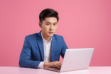 Portrait of a young asian businessman using laptop computer isolated over pink backgroundのeditorial素材