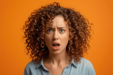 Portrait of a shocked young woman with curly hair on orange backgroundの写真素材