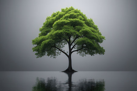Tree in a foggy landscape with reflection in water, 3d render