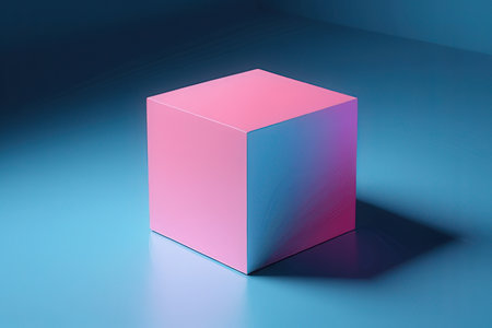 3d rendering of a pink cube in a dark room with blue background