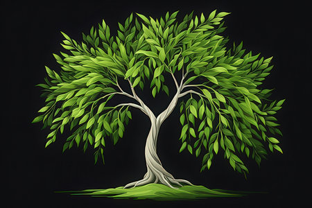 Illustration of a green olive tree with leaves on a black background