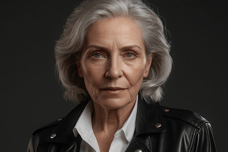 portrait of senior woman in leather jacket on gray background, closeup