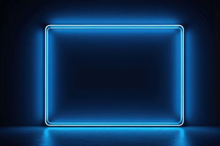 Blue neon light frame on dark background. 3d rendering mock upの写真素材