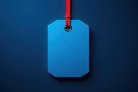 Blank blue price tag with red ribbon on dark blue background.