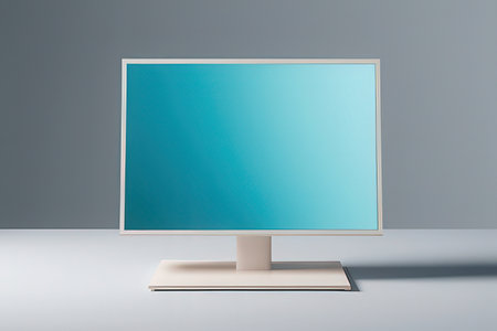 Computer monitor with blank blue screen on white table. 3d renderの写真素材