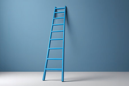 3d rendering of a ladder leaning against a blue wall in a roomの写真素材