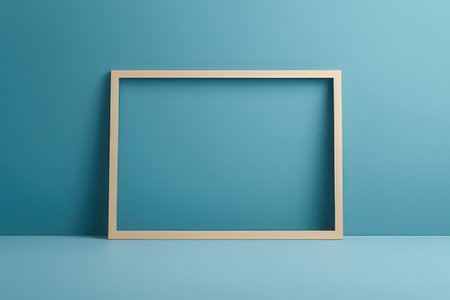 Wooden frame on blue wall. 3d render. Mock up