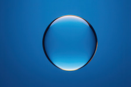 Transparent glass ball on a blue background. Close-up.の写真素材