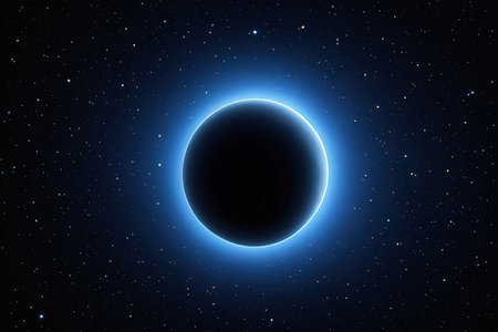 Solar eclipse in the night starry sky. 3D illustration.