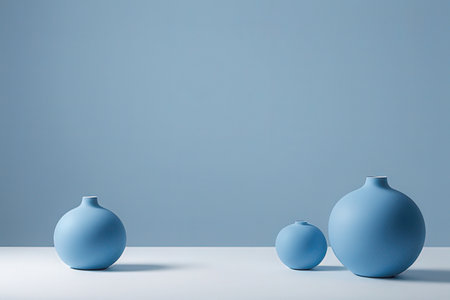Blue ceramic vase on white table. Minimal style. 3d renderの写真素材