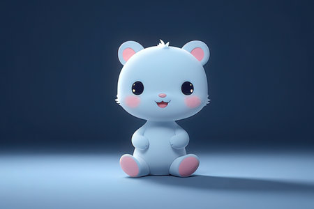 3d rendering of a cute little white bear sitting on blue backgroundの写真素材