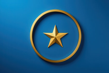 Golden star on blue background. 3d rendering. Top view.の写真素材