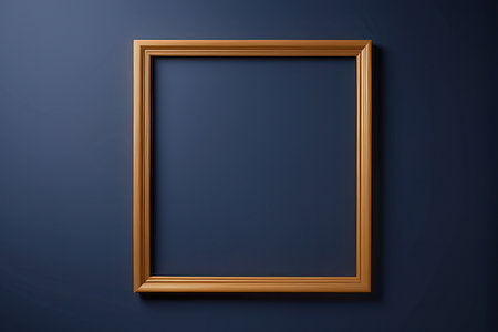 Wooden picture frame on dark blue wall. 3d render illustrationの写真素材
