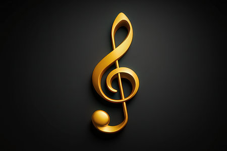 3d illustration of golden treble clef over black background.