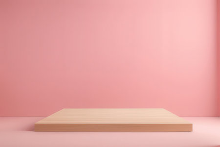 Wooden platform on pink background. 3d render. Minimal style.の写真素材